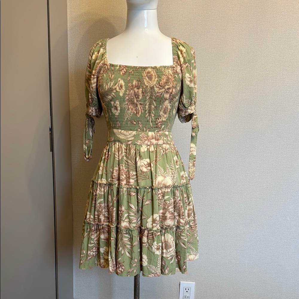 Agua Bendita for Target Ruffled Green and Tan Sundress with Square Neck